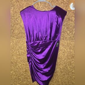 Purple Satin Padded Shoulder Ruched Asymmetrical Mini Dress From Express